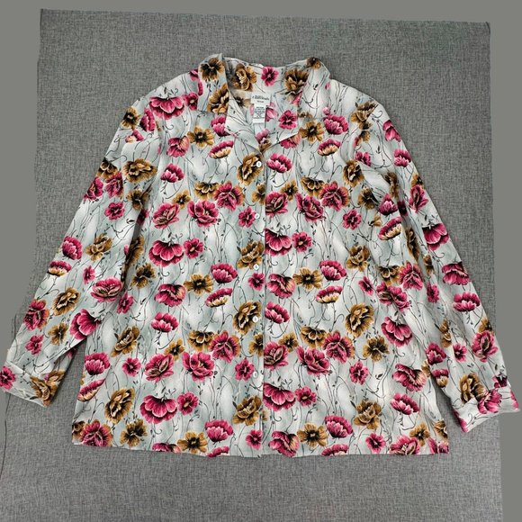 Modern Essentials Woman Button Down Top Blouse Floral Collared Plus 20W Gray Red - Picture 1 of 16
